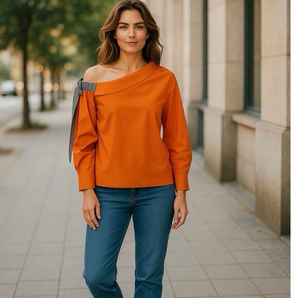 Anthropologie Harshman Orange Liana Cotton One Shoulder Top Blouse L XL 14 NWT - Picture 3 of 12